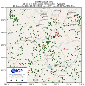 Mapa sísmico del sismo de magnitud 4 a 26 km al N de Coracora, Parinacochas - Ayacucho, Perú
