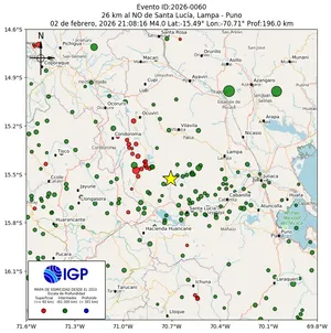 Mapa sísmico del sismo de magnitud 4 a 26 km al NO de Santa Lucía, Lampa - Puno, Perú