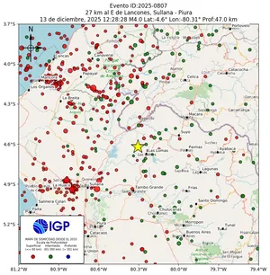 Mapa sísmico del sismo de magnitud 4 a 27 km al E de Lancones, Sullana - Piura, Perú