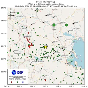Mapa sísmico del sismo de magnitud 4 a 27 km al N de Santa Lucía, Lampa - Puno, Perú