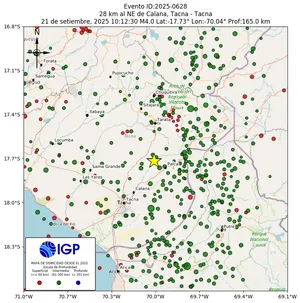 Mapa sísmico del sismo de magnitud 4 a 28 km al NE de Calana, Tacna - Tacna, Perú