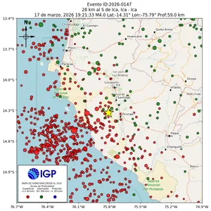 Mapa sísmico del sismo de magnitud 4 a 28 km al S de Ica, Ica - Ica, Perú