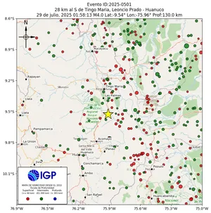 Mapa sísmico del sismo de magnitud 4 a 28 km al S de Tingo Maria, Leoncio Prado - Huanuco, Perú