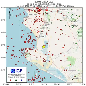Mapa sísmico del sismo de magnitud 4 a 28 km al SE de Sechura, Sechura - Piura, Perú