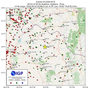 Mapa sísmico del sismo de magnitud 4 a 28 km al SO de Ayabaca, Ayabaca - Piura, Perú