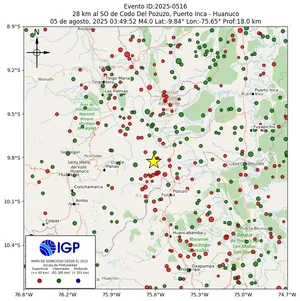 Mapa sísmico del sismo de magnitud 4 a 28 km al SO de Codo Del Pozuzo, Puerto Inca - Huanuco, Perú