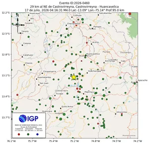 Mapa sísmico del sismo de magnitud 4 a 29 km al NE de Castrovirreyna, Castrovirreyna - Huancavelica, Perú