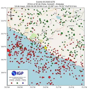 Mapa sísmico del sismo de magnitud 4 a 29 km al SE de Chala, Caravelí - Arequipa, Perú