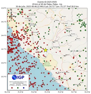 Mapa sísmico del sismo de magnitud 4 a 29 km al SO de Palpa, Palpa - Ica, Perú