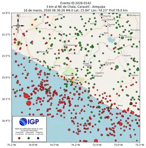 Mapa sísmico del sismo de magnitud 4 a 3 km al NE de Chala, Caravelí - Arequipa, Perú
