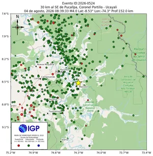 Mapa sísmico del sismo de magnitud 4 a 30 km al SE de Pucallpa, Coronel Portillo - Ucayali, Perú