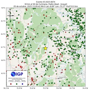 Mapa sísmico del sismo de magnitud 4 a 30 km al SO de Curimana, Padre Abad - Ucayali, Perú
