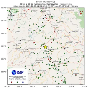 Mapa sísmico del sismo de magnitud 4 a 30 km al SO de Huancavelica, Huancavelica - Huancavelica, Perú