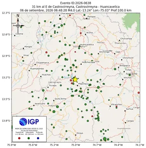 Mapa sísmico del sismo de magnitud 4 a 31 km al E de Castrovirreyna, Castrovirreyna - Huancavelica, Perú