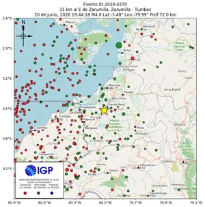 Mapa sísmico del sismo de magnitud 4 a 31 km al E de Zarumilla, Zarumilla - Tumbes, Perú