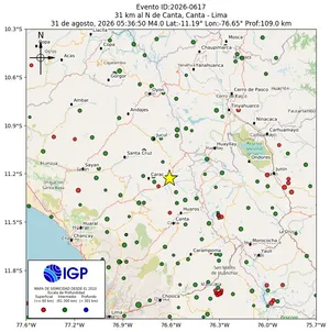 Mapa sísmico del sismo de magnitud 4 a 31 km al N de Canta, Canta - Lima, Perú