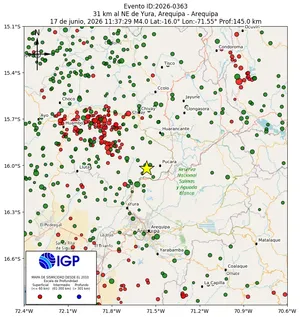 Mapa sísmico del sismo de magnitud 4 a 31 km al NE de Yura, Arequipa - Arequipa, Perú