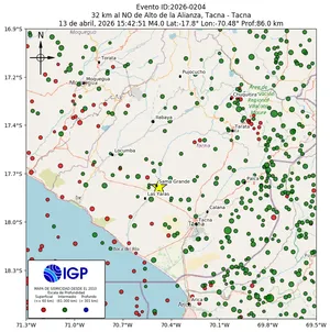 Mapa sísmico del sismo de magnitud 4 a 32 km al NO de Alto de la Alianza, Tacna - Tacna, Perú