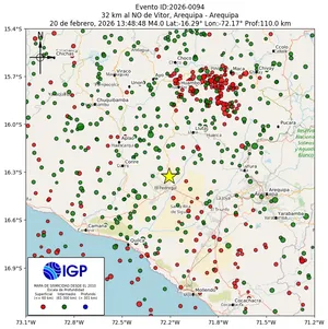 Mapa sísmico del sismo de magnitud 4 a 32 km al NO de Vitor, Arequipa - Arequipa, Perú