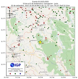 Mapa sísmico del sismo de magnitud 4 a 33 km al E de Andamarca, Concepcion - Junin, Perú