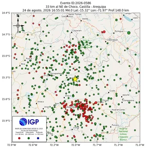 Mapa sísmico del sismo de magnitud 4 a 33 km al NE de Choco, Castilla - Arequipa, Perú