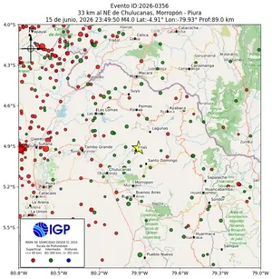 Mapa sísmico del sismo de magnitud 4 a 33 km al NE de Chulucanas, Morropón - Piura, Perú