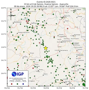 Mapa sísmico del sismo de magnitud 4 a 33 km al O de Sancos, Huanca Sancos - Ayacucho, Perú