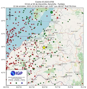 Mapa sísmico del sismo de magnitud 4 a 33 km al SE de Zarumilla, Zarumilla - Tumbes, Perú