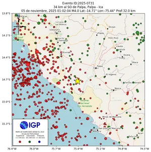 Mapa sísmico del sismo de magnitud 4 a 34 km al SO de Palpa, Palpa - Ica, Perú
