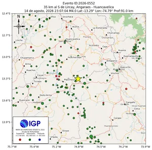 Mapa sísmico del sismo de magnitud 4 a 35 km al S de Lircay, Angaraes - Huancavelica, Perú