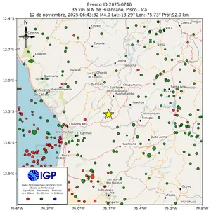 Mapa sísmico del sismo de magnitud 4 a 36 km al N de Huancano, Pisco - Ica, Perú