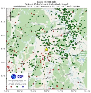 Mapa sísmico del sismo de magnitud 4 a 36 km al SE de Curimaná, Padre Abad - Ucayali, Perú