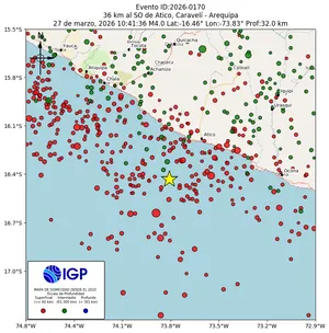 Mapa sísmico del sismo de magnitud 4 a 36 km al SO de Atico, Caravelí - Arequipa, Perú