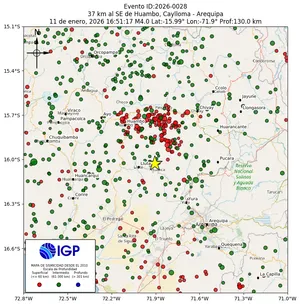 Mapa sísmico del sismo de magnitud 4 a 37 km al SE de Huambo, Caylloma - Arequipa, Perú
