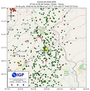 Mapa sísmico del sismo de magnitud 4 a 37 km al SE de Tarata, Tarata - Tacna, Perú
