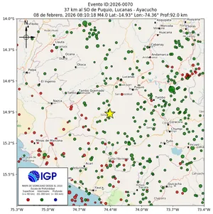 Mapa sísmico del sismo de magnitud 4 a 37 km al SO de Puquio, Lucanas - Ayacucho, Perú