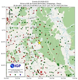 Mapa sísmico del sismo de magnitud 4 a 39 km al NE de Puerto Bermúdez, Oxapampa - Pasco, Perú