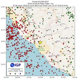 Mapa sísmico del sismo de magnitud 4 a 39 km al SO de Palpa, Palpa - Ica, Perú