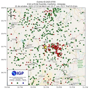 Mapa sísmico del sismo de magnitud 4 a 4 km al N de Huambo, Caylloma - Arequipa, Perú