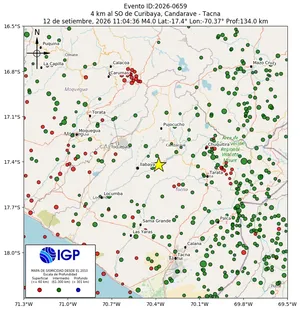 Mapa sísmico del sismo de magnitud 4 a 4 km al SO de Curibaya, Candarave - Tacna, Perú