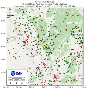 Mapa sísmico del sismo de magnitud 4 a 40 km al NE de Aucayacu, Leoncio Prado - Huánuco, Perú