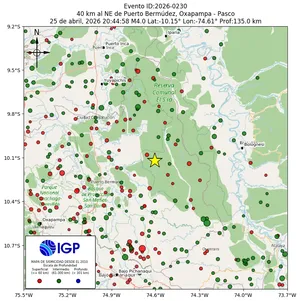 Mapa sísmico del sismo de magnitud 4 a 40 km al NE de Puerto Bermúdez, Oxapampa - Pasco, Perú