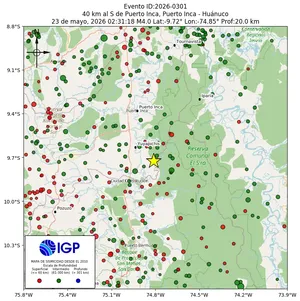 Mapa sísmico del sismo de magnitud 4 a 40 km al S de Puerto Inca, Puerto Inca - Huánuco, Perú