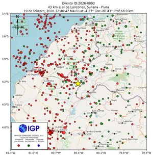 Mapa sísmico del sismo de magnitud 4 a 43 km al N de Lancones, Sullana - Piura, Perú