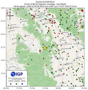 Mapa sísmico del sismo de magnitud 4 a 43 km al NO de Saposoa, Huallaga - San Martín, Perú