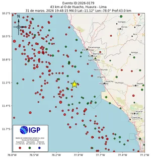 Mapa sísmico del sismo de magnitud 4 a 43 km al O de Huacho, Huaura - Lima, Perú