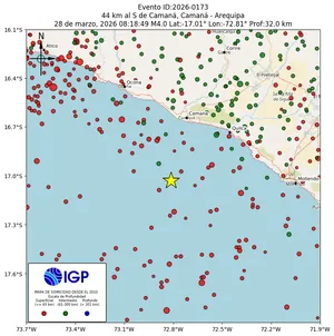 Mapa sísmico del sismo de magnitud 4 a 44 km al S de Camaná, Camaná - Arequipa, Perú