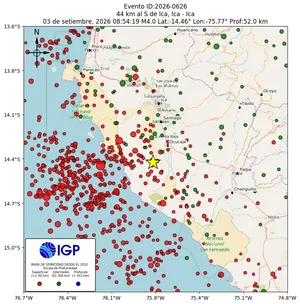 Mapa sísmico del sismo de magnitud 4 a 44 km al S de Ica, Ica - Ica, Perú