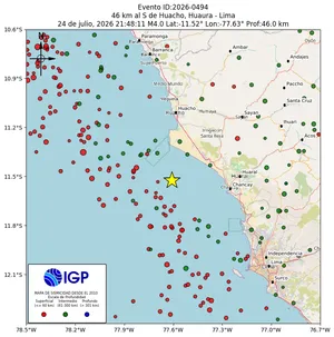 Mapa sísmico del sismo de magnitud 4 a 46 km al S de Huacho, Huaura - Lima, Perú