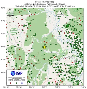 Mapa sísmico del sismo de magnitud 4 a 48 km al N de Curimaná, Padre Abad - Ucayali, Perú